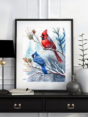 8x10 Red Cardinal & Blue Jay Snow Birds Watercolor Oil Painting Art Print